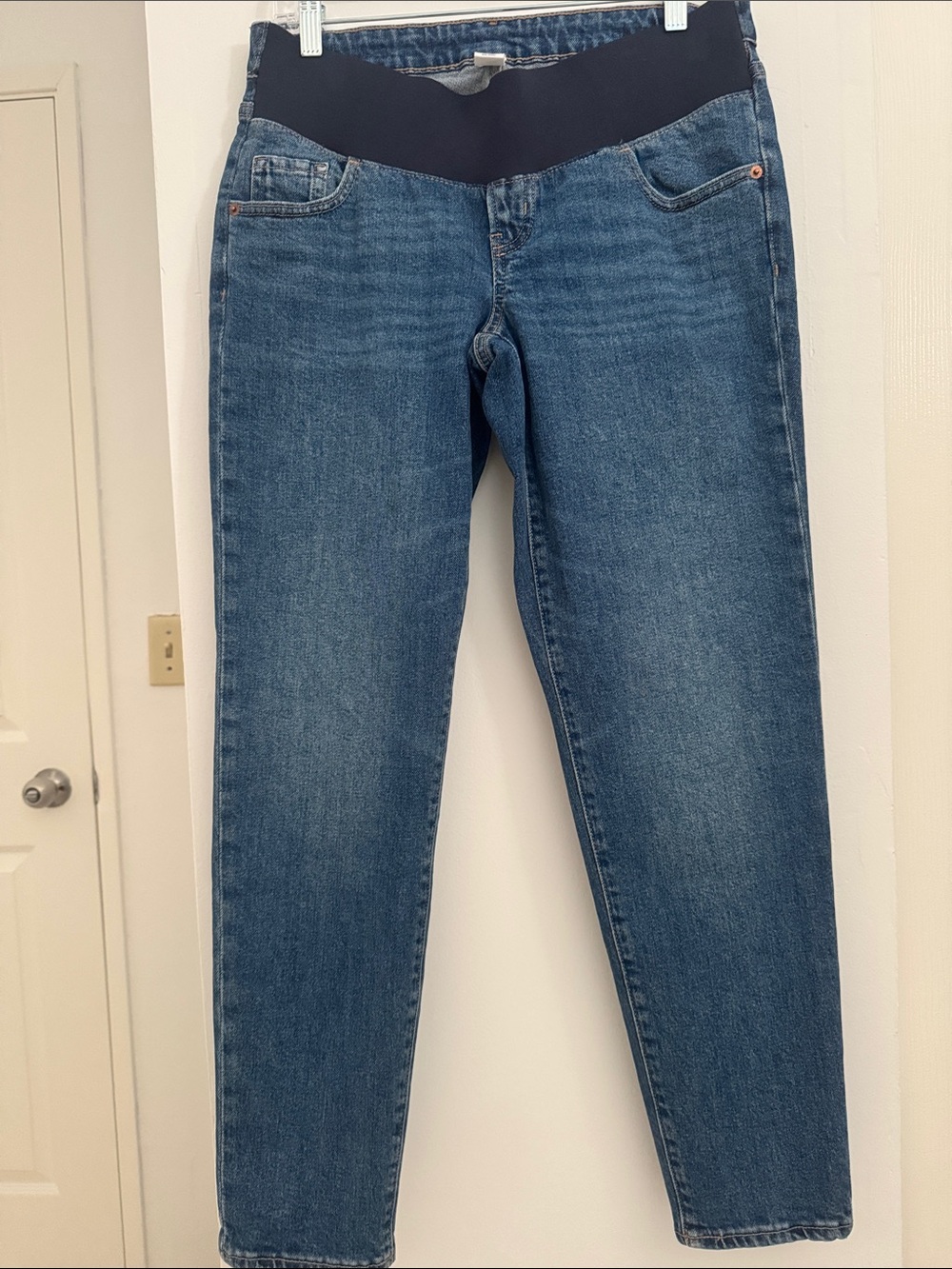 Old Navy Blue Straight-Leg Maternity Jeans with Black Waistband